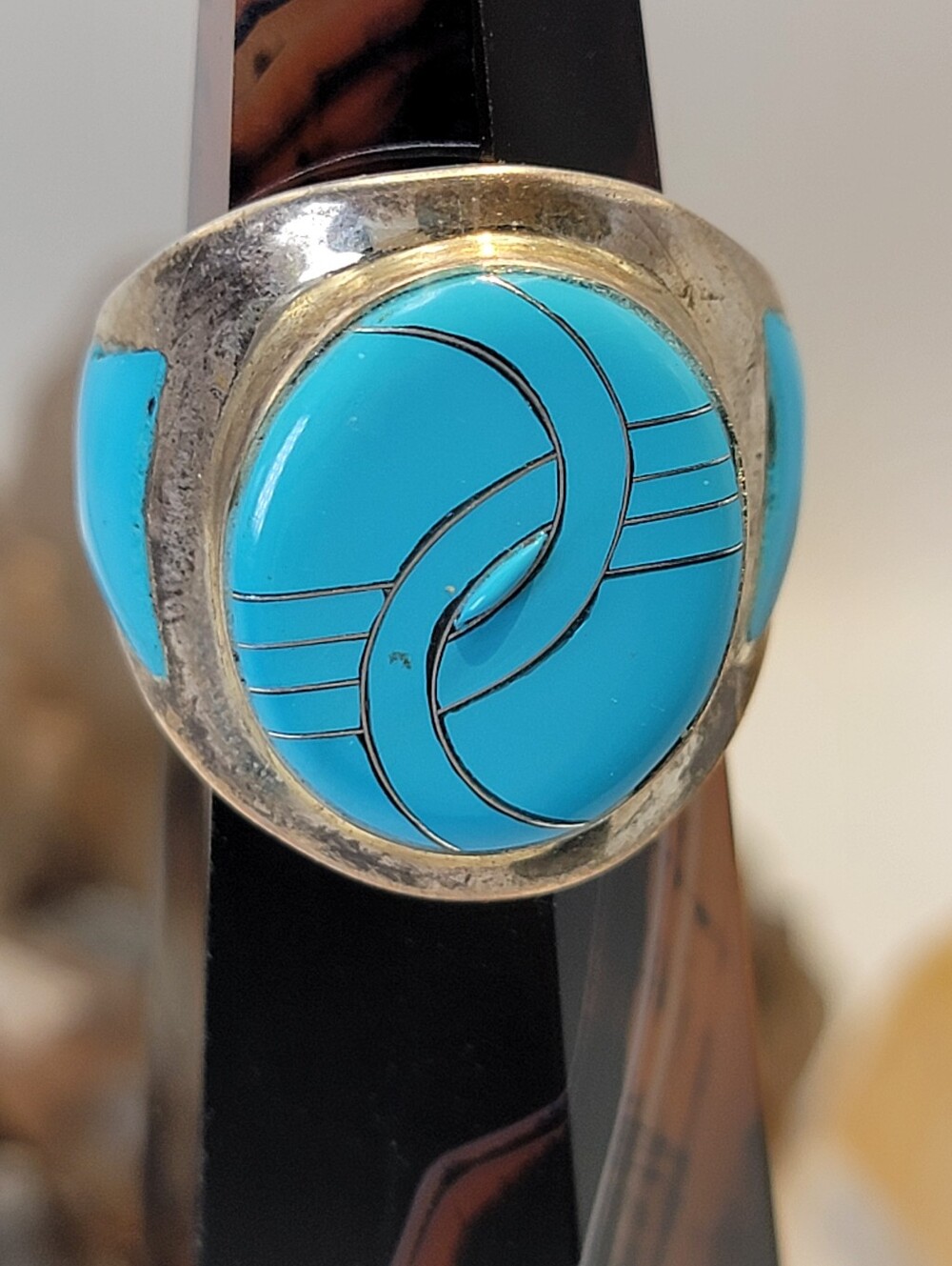 Vtg Sterling 925 Silver Turquoise Inlay Cabochon Oval Ring Southwestern Size 10